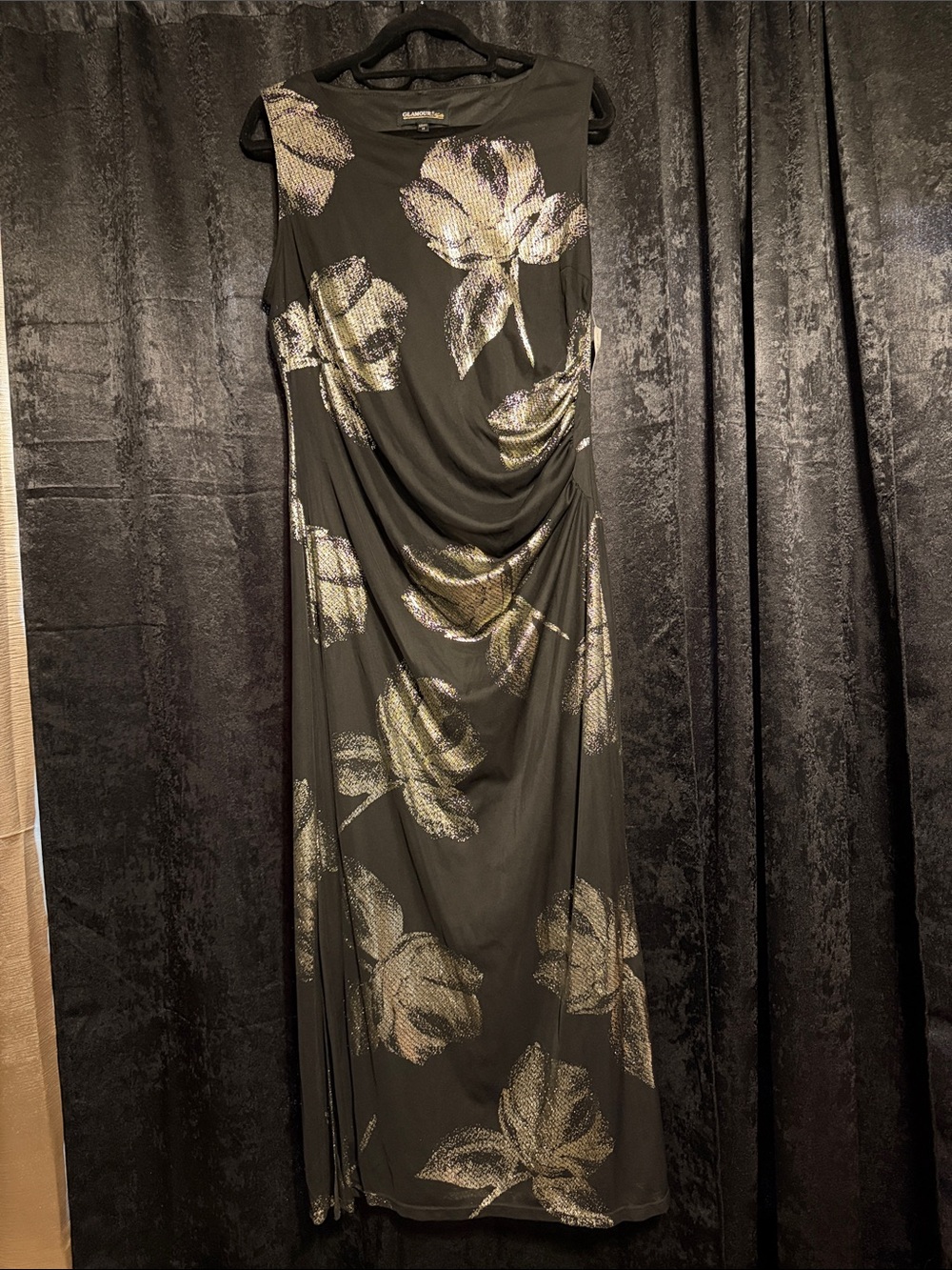 Glamour Black Maxi Dress with Metallic Gold Floral Print